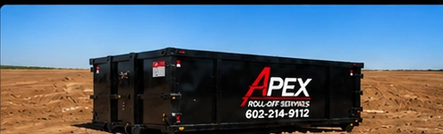 Illustrative Apex specialty dumpster on a plain dirt lot